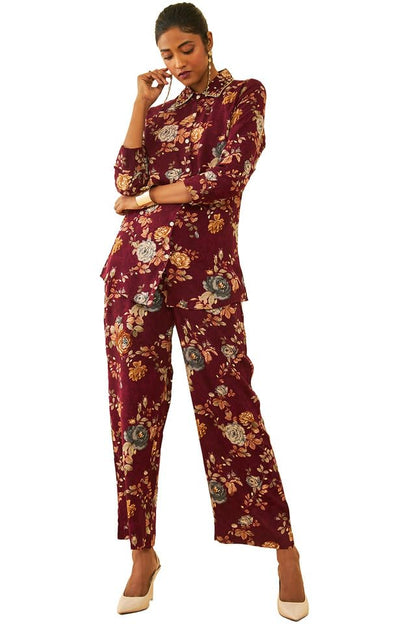 Soch Womens Maroon Rayon Floral Printed Co-Ord Set With Cutdana Work