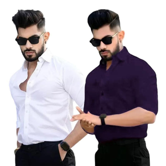 Pinkmint Cotton Blend Casual Shirt For Men Combo Shirt For Formal Wear, Regular Home Wear White-Purple