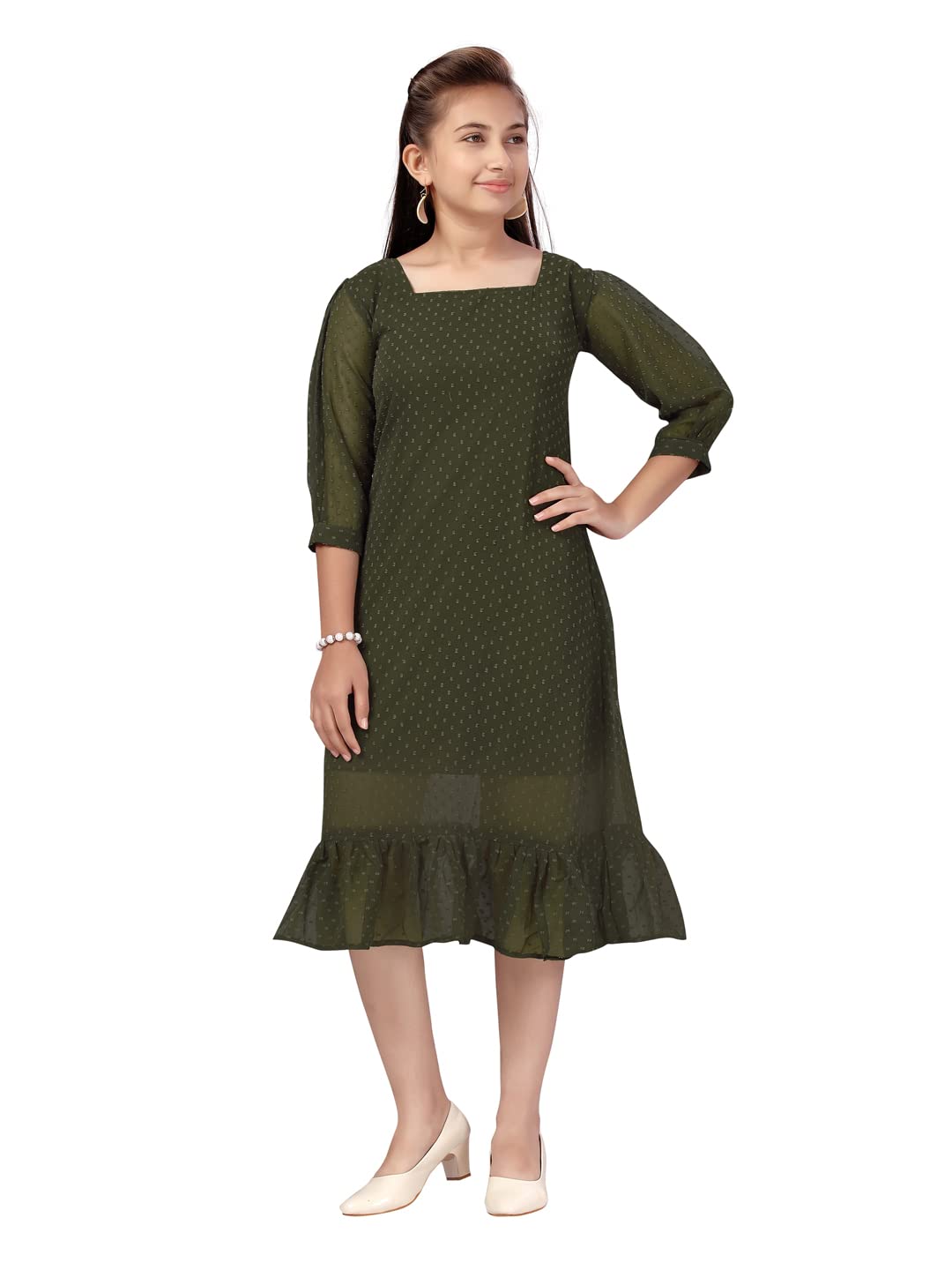 Aarika Girl's Georgette Skater Knee-Length Dress (MR_DR-22101_Dark Green