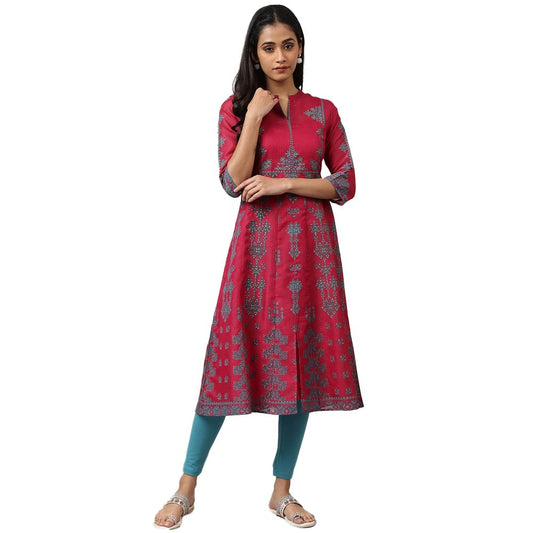 W WomenS Dark Pink Geometric Printed Synthetic Kurta And Leggings Set
