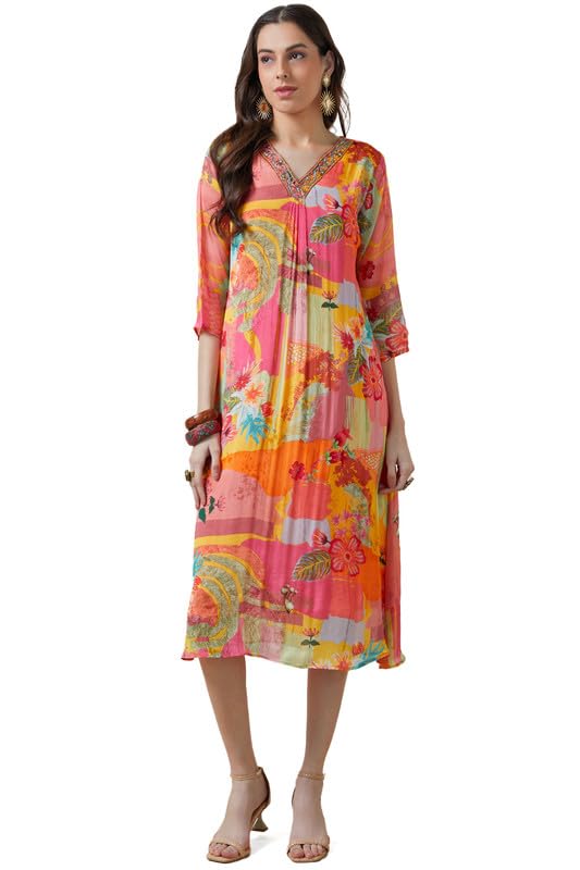 Soch Womens Peach Floral Print Chinon A Line Dress With Beads And Stones