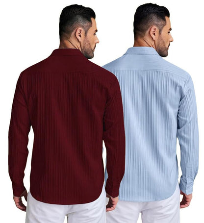 Deelmo Combo Of MenS Casual Button Down Shirts Long Sleeve Linen Shirt Fashion Textured Summer Shirts Pack Of 2