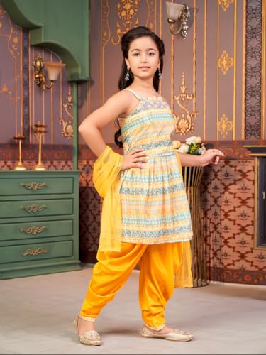Aarika Girls Ethnic Wear Yellow Colour Floral Print Silk Kurti Patiala Set (4-13 Years)