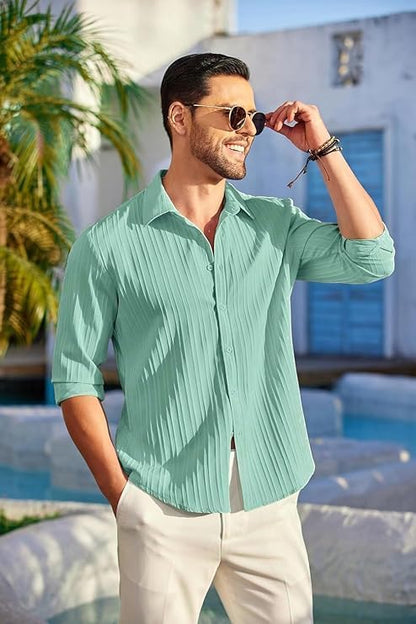 Deelmo Combo Of MenS Casual Button Down Shirts Long Sleeve Linen Shirt Fashion Textured Summer Shirts Pack Of 2