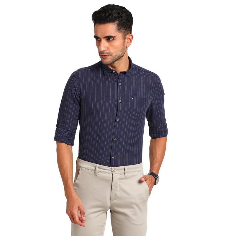 Turtle Men Cotton Linen Slim Fit Regular Fitvy Full Sleeve Casual Shirt Navy