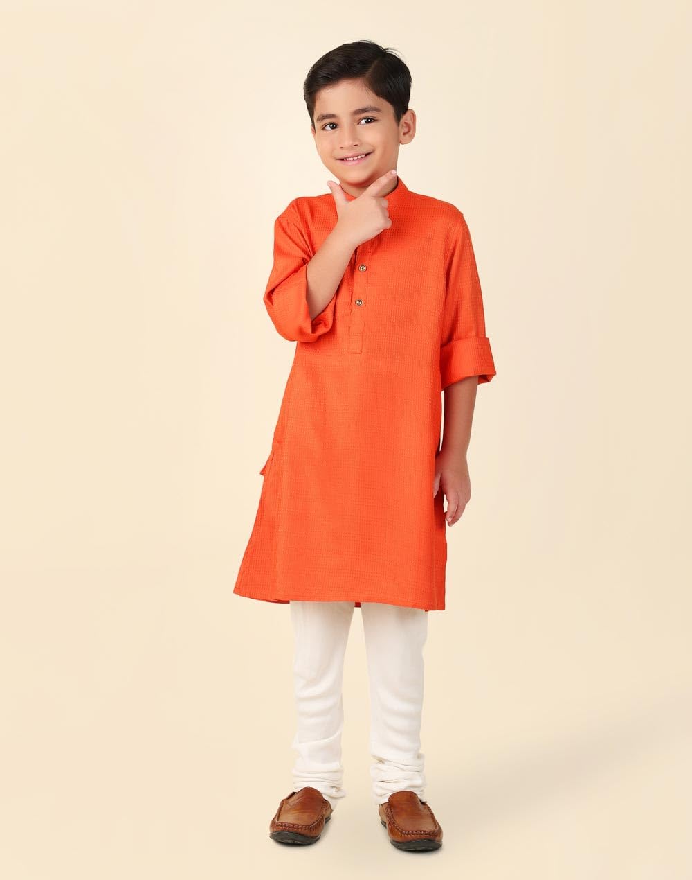Fabindia Orange Viscose Blend Dobby Long Kurta