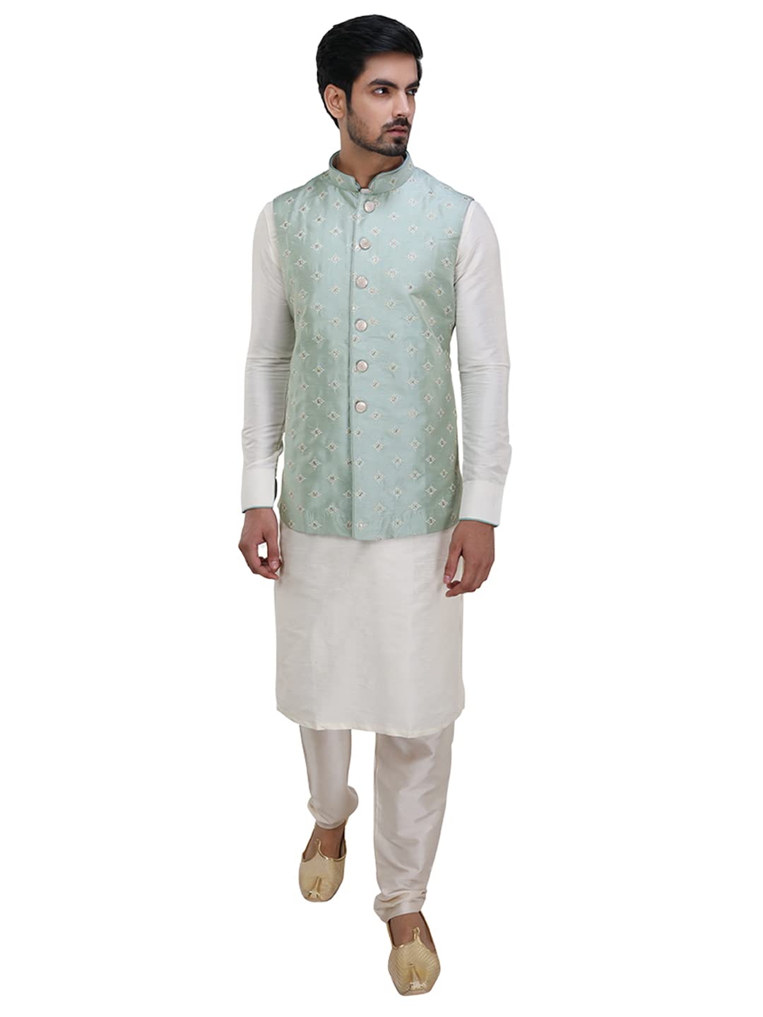 Manyavar Green Art Silk Embroidered Celebration Kurta Jacket Set With Mandarin Collar