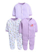 Bumzee Baby Girls Cotton Full Sleeves Pack Of 3 Sleepsuit Lavender & White - New Born (Peb11014A-Lvd)