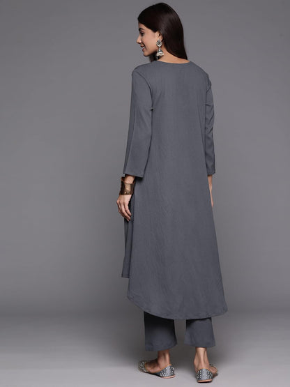 Varanga Women Plus Size Grey Empire Gathered Details A-Line Kurta Paired With Tonal Bottom