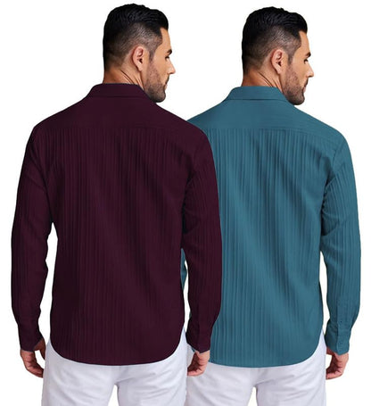 Deelmo Combo Of MenS Casual Button Down Shirts Long Sleeve Linen Shirt Fashion Textured Summer Shirts Pack Of 2