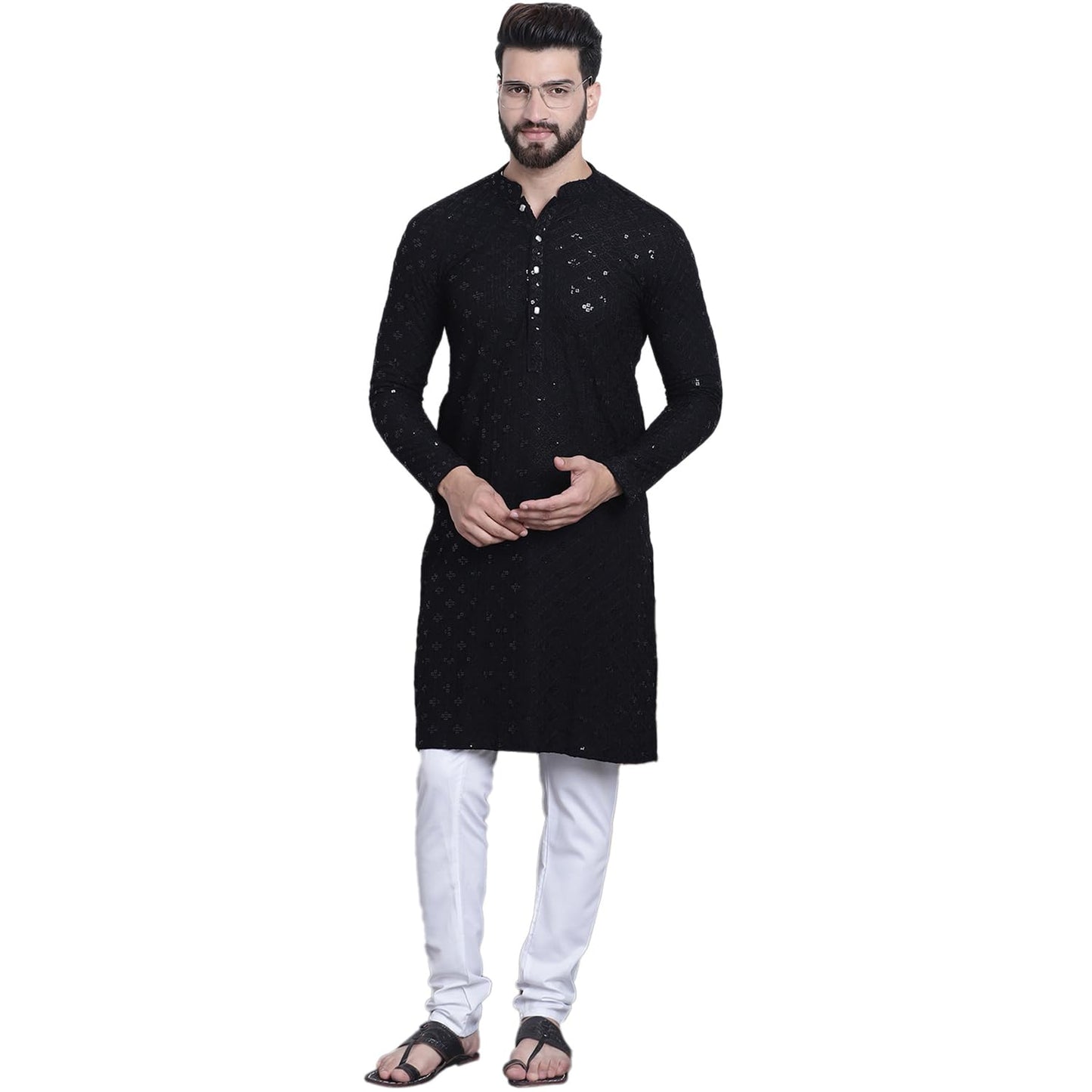 SOJANYA (Since 1958 Men's Pure Cotton Black Sequence Kurta & White Pyjama Set