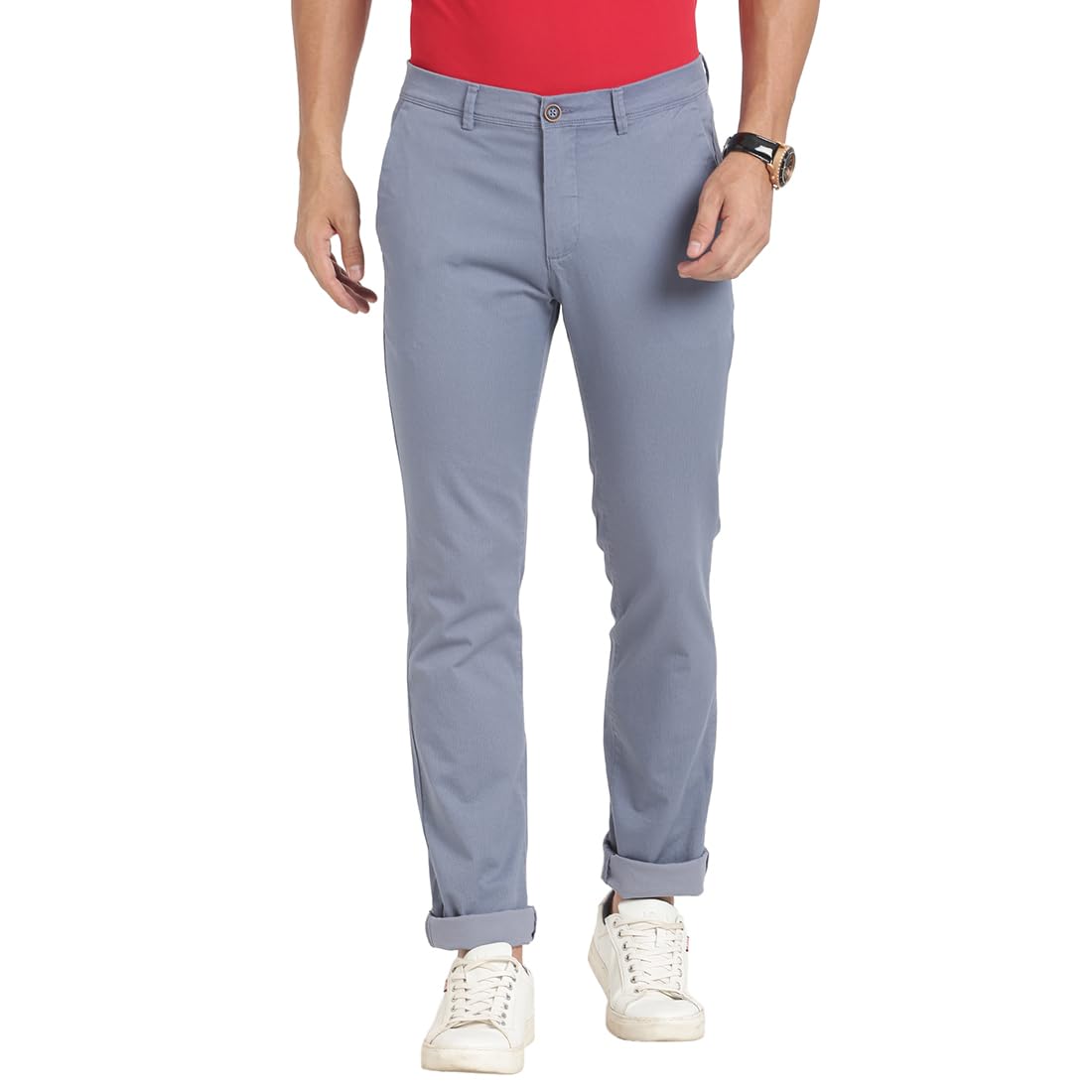 Turtle Men Cotton Stretch Light Blue Printed Narrow Fit Casual Trouser