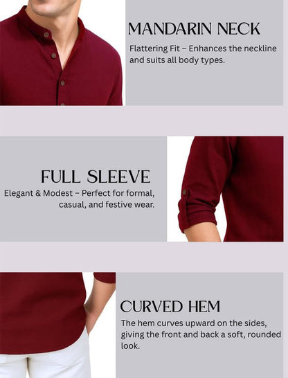 Deelmo MenS Cotton Blend Solid Regular Fit Full Sleeve Short Kurta | MenS Trendy Short Kurta Red
