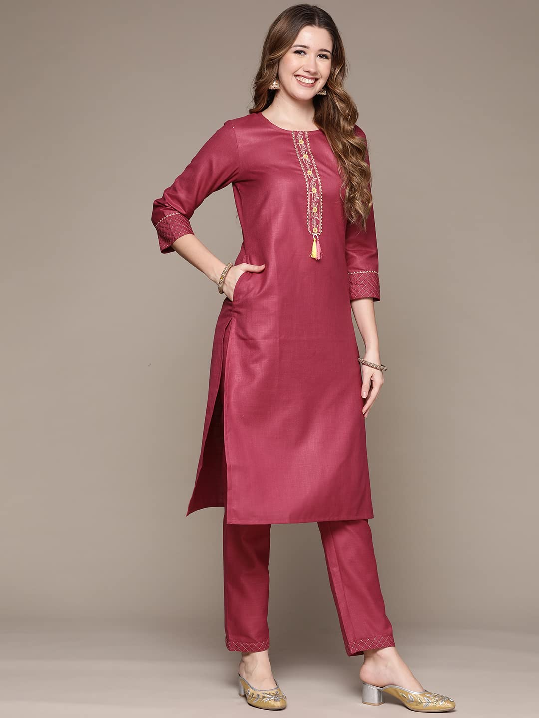 anubhutee Women's Silk Blend Sage Green Ethnic Embroidered Straight Kurta Suit Set With Pants