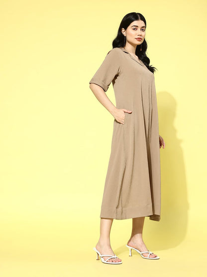 Varanga Women Beige Shirt Collar A-Line Dress  Comfortable Short Sleeves Calf Length Dress For Stylish Everyday Wear, Office & C