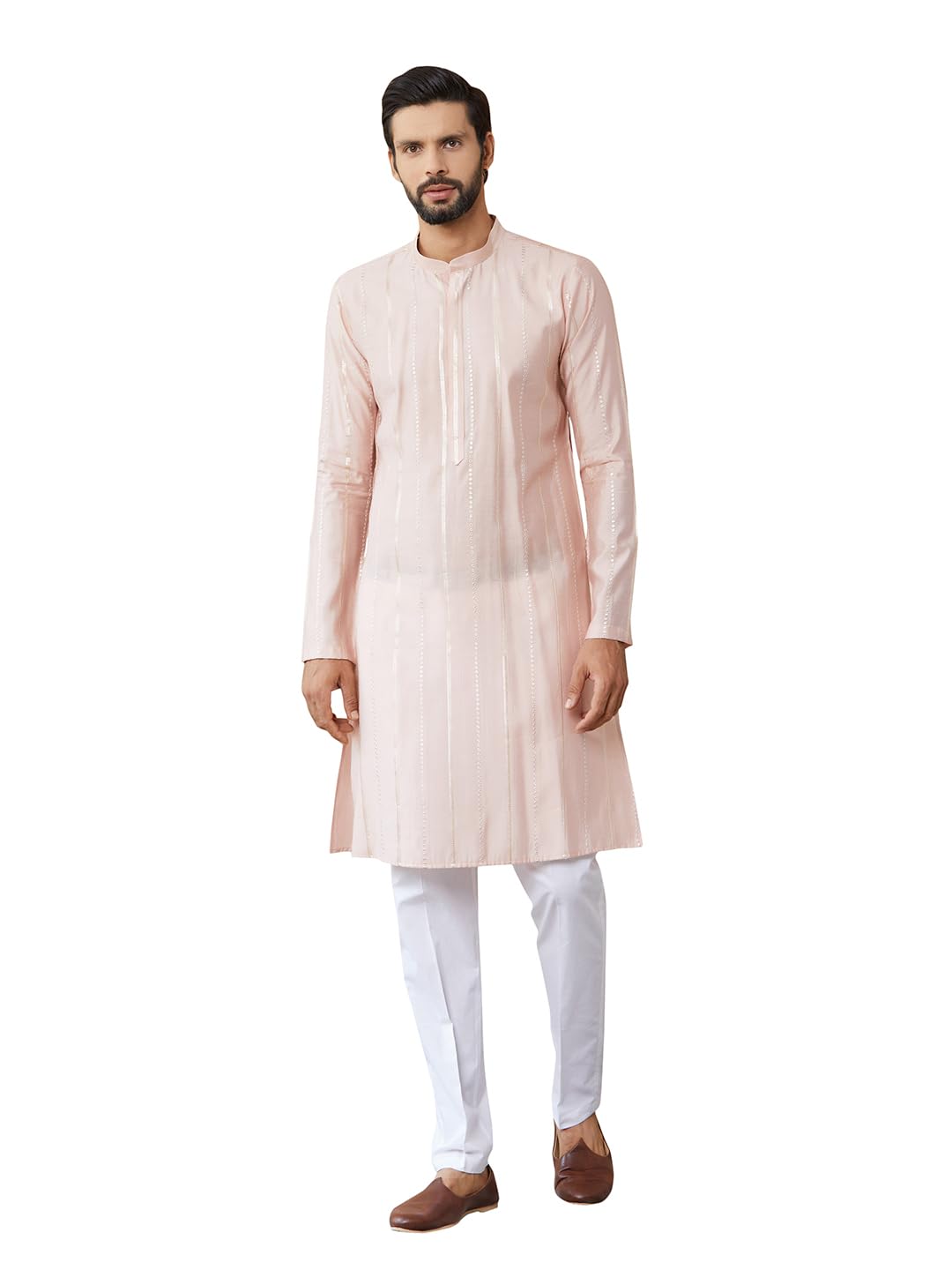 See Designs MenS Long Sleeve Mandarin Collar Side Slit Light Pink Sequins Embroidered Pure Chanderi Silk Straight Kurta - Sdkt2