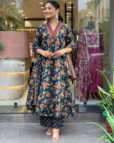 GoSriKi Women's Anarkali Kurta Set with Palazzo & Dupatta, Viscose, Size 50, Blue, Model CIA-CLRS-GS