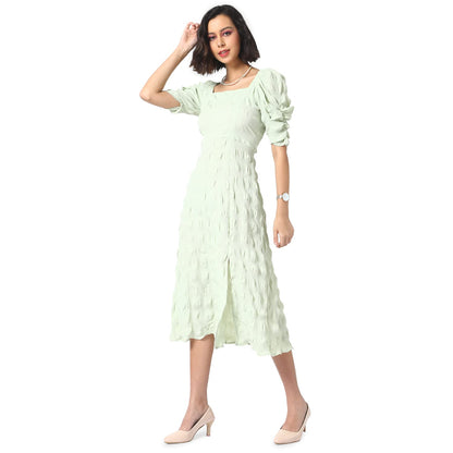 Campus Sutra Women'S Creased Midi Dress For Casual Wear | Puff Sleeve | Midi Length | Pull On Closure | Dress Crafted With Comfo