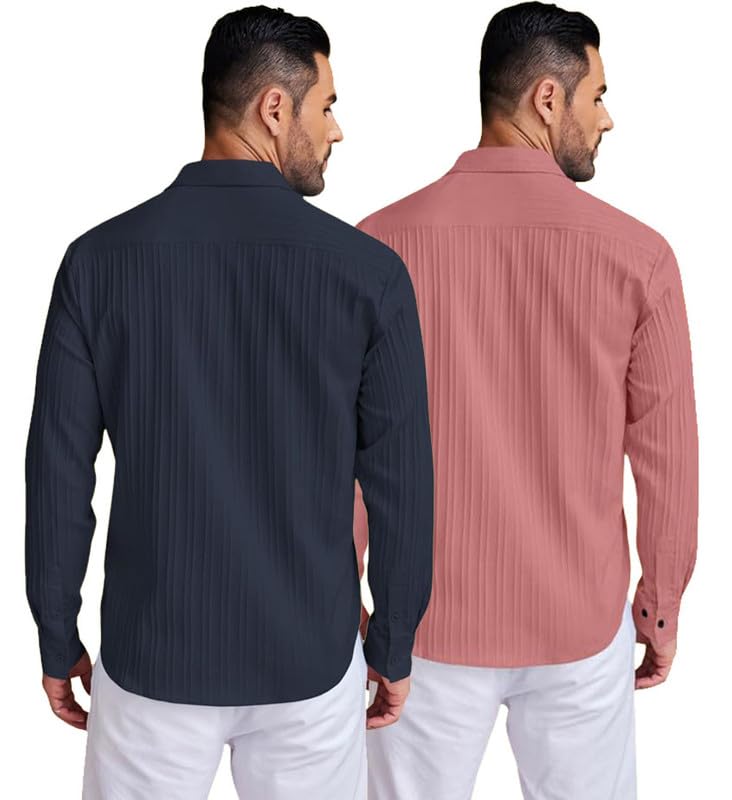 Deelmo Combo Of MenS Casual Button Down Shirts Long Sleeve Linen Shirt Fashion Textured Summer Shirts Pack Of 2