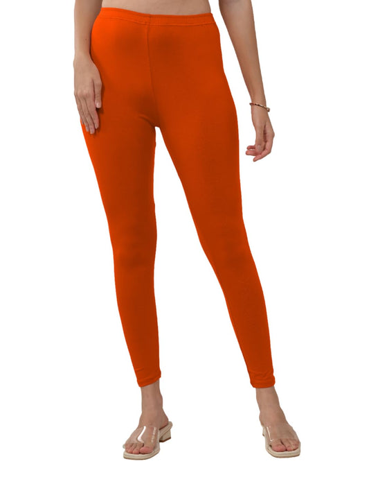 Lyra Women Solid Premium Cotton Orange Ankle Length Leggings | Mid-Waist | Fashionwear