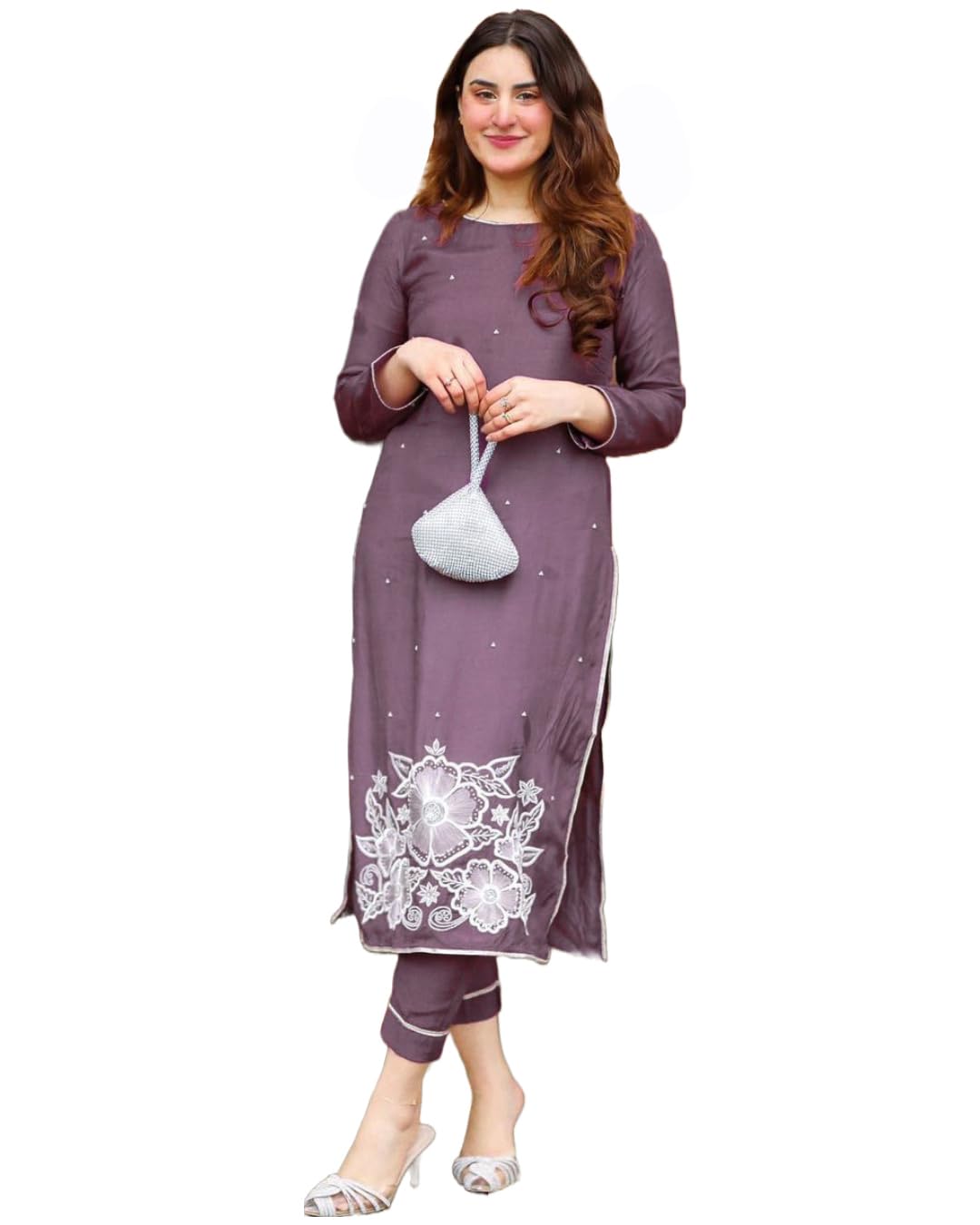 ANNI DESIGNER Womens Rayon Straight Embroidered Kurta with Pant Set (Pital-Purple-NW_XL_Purple_X-Large)