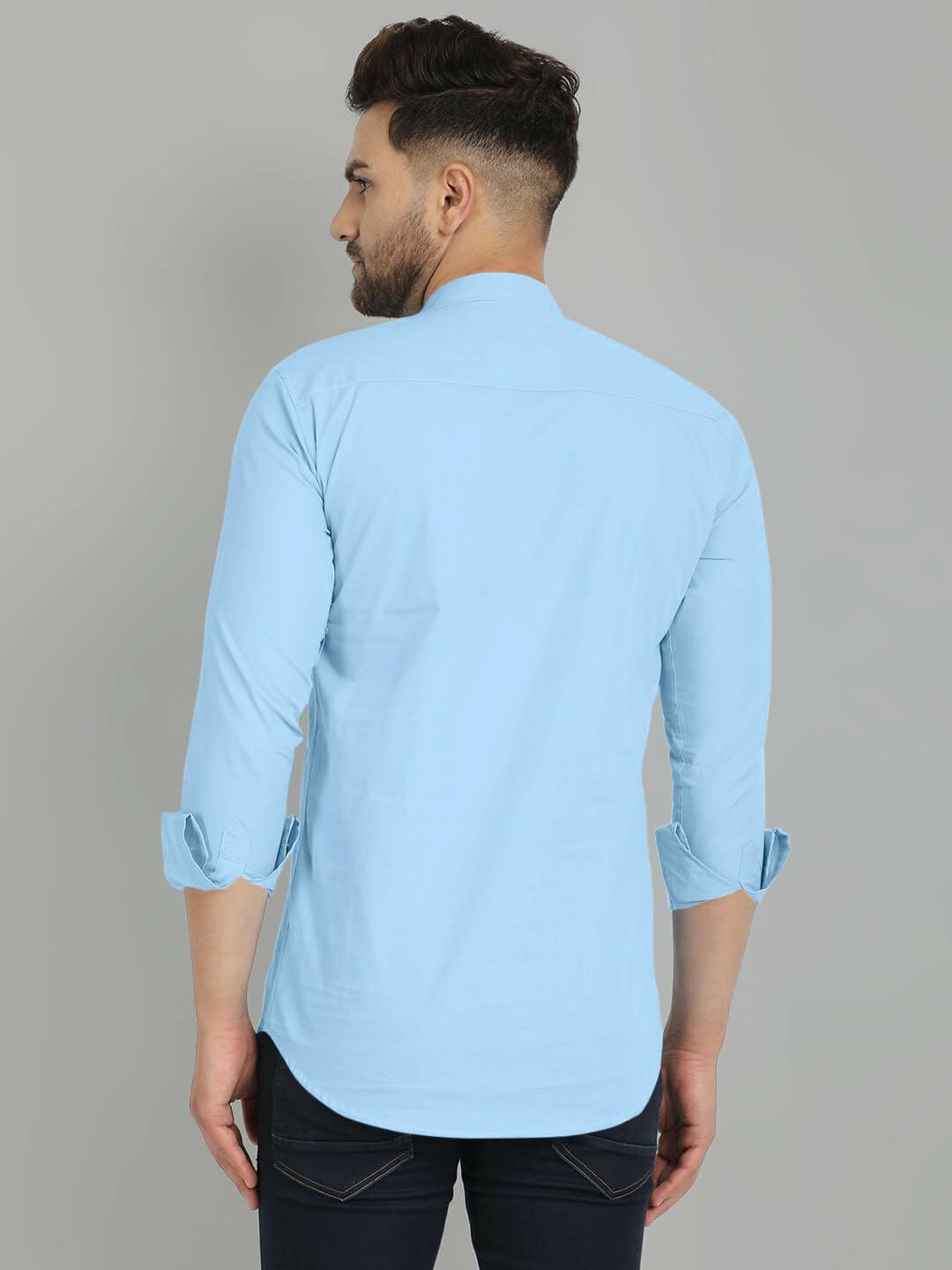 Royalscout MenS Cotton Blend Full Sleeve Short Kurta With Mandarin Collar Sky