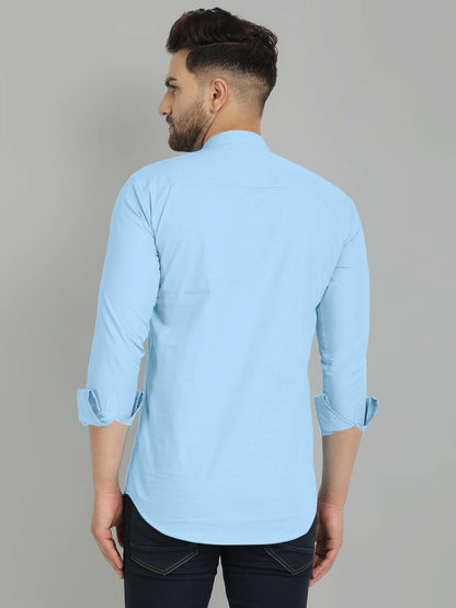 Royalscout MenS Cotton Blend Full Sleeve Short Kurta With Mandarin Collar Sky