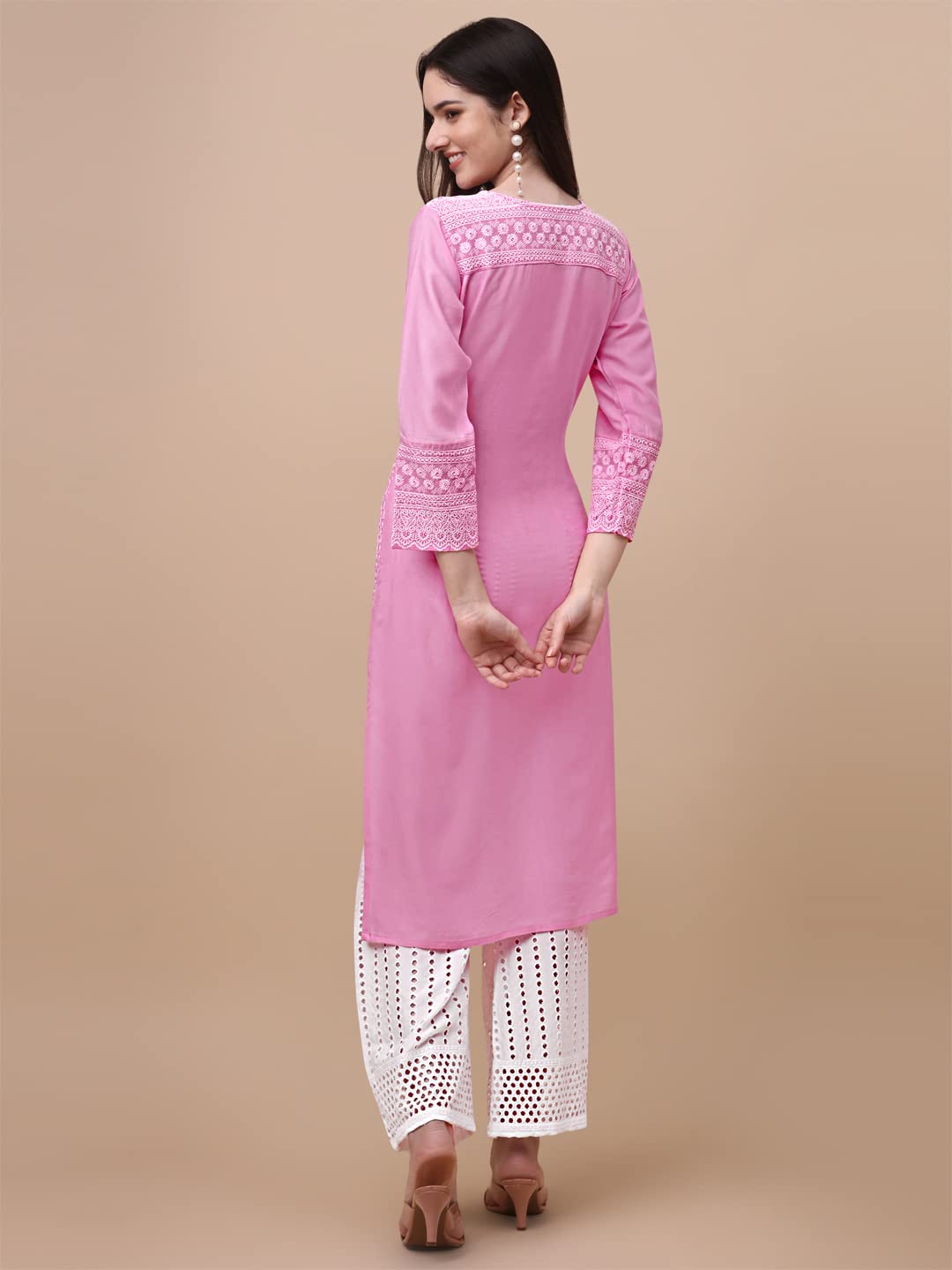 Gufrina WomenS Viscose Rayon Lucknowi Embroidery Work 3/4 Sleeve V- Nack Straight Kurta With Chikankari Embroidery Palazzo Set