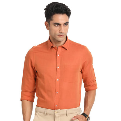 Turtle Men Cotton Linen Slim Fit Rust Solid Formal Shirt