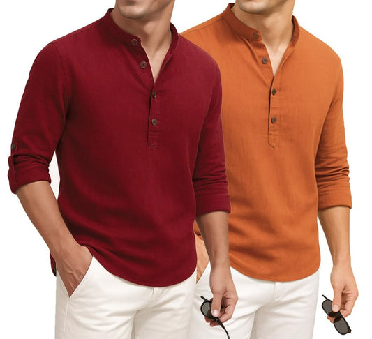 Deelmo Combo Of MenS Cotton Blend Solid Regular Fit Full Sleeve Short Kurta | MenS Trendy Short Kurta Pack Of 2 Red - Orange