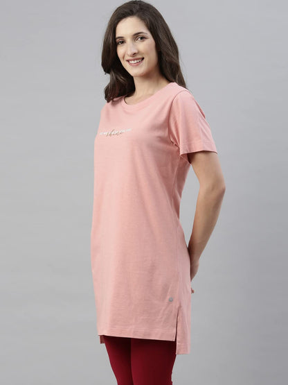 Enamor Essentials Womens Relaxed Fit Short Sleeves Crew Neck Mid-Thigh Length Breathable Pure Cotton Tunic Tee with Side Slit -