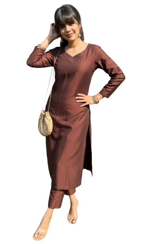 GoSriKi Womens Viscose Solid Straight Kurta with Pant (Masila Brown-GS_XL_Brown_X-Large)