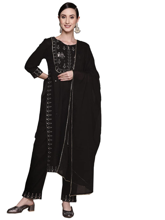 Ishin WomenS Cotton Black Embroidered A-Line Kurta Set With Trouser & Dupatta