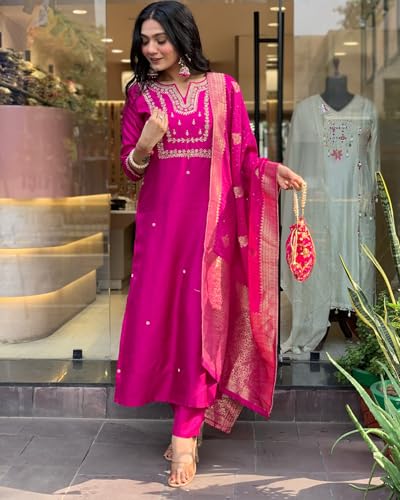 GoSriKi Women's Silk Blend Straight Kurta with Pant & Dupatta, 4XL, Pink, Model Kosapet Pink-GS
