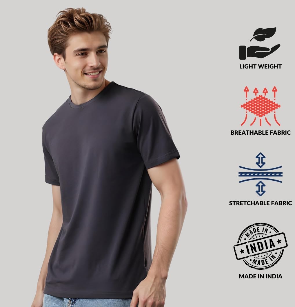 ADRO Mens T Shirts | Solid Tshirts for Men | Pure Cotton Lycra Fabric | 4 Way Stretch Smart tech Tshirt | Pack of 2 Round Neck T