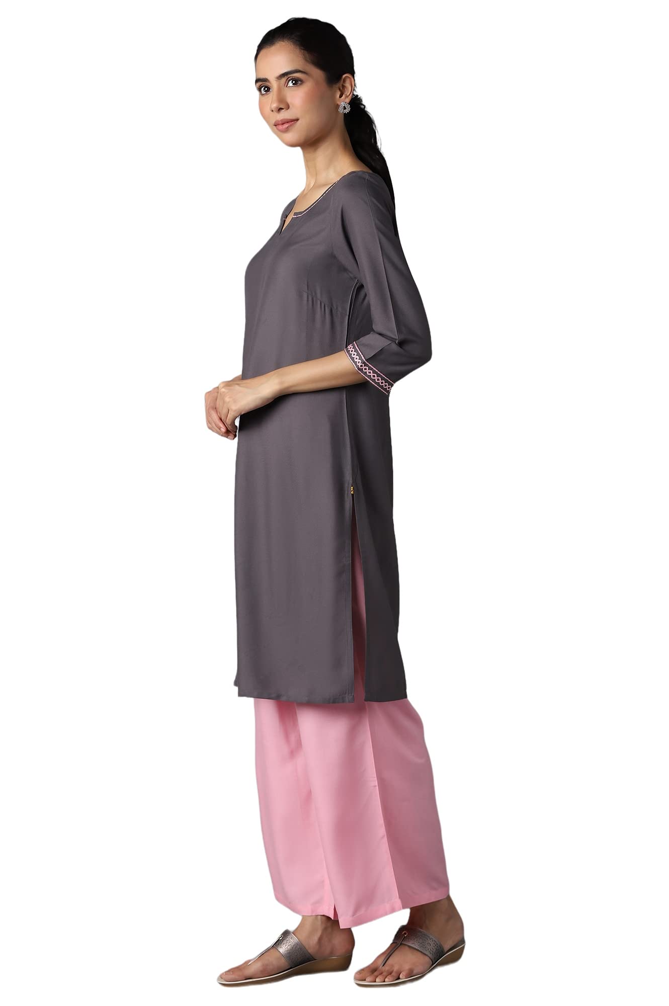Aure Collection By Aurelia Grey Solid Ethnic Kurta With Light Pink Straight Palazzo