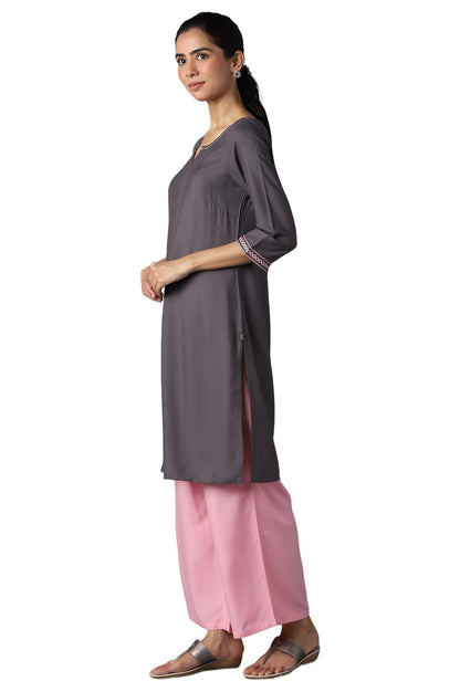Aure Collection By Aurelia Grey Solid Ethnic Kurta With Light Pink Straight Palazzo