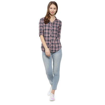 Campus Sutra Womens Multi-Coloured Checkered Button Up Shirt Regular Fit for Casual Wear | Structured Shirt Crafted with Regula