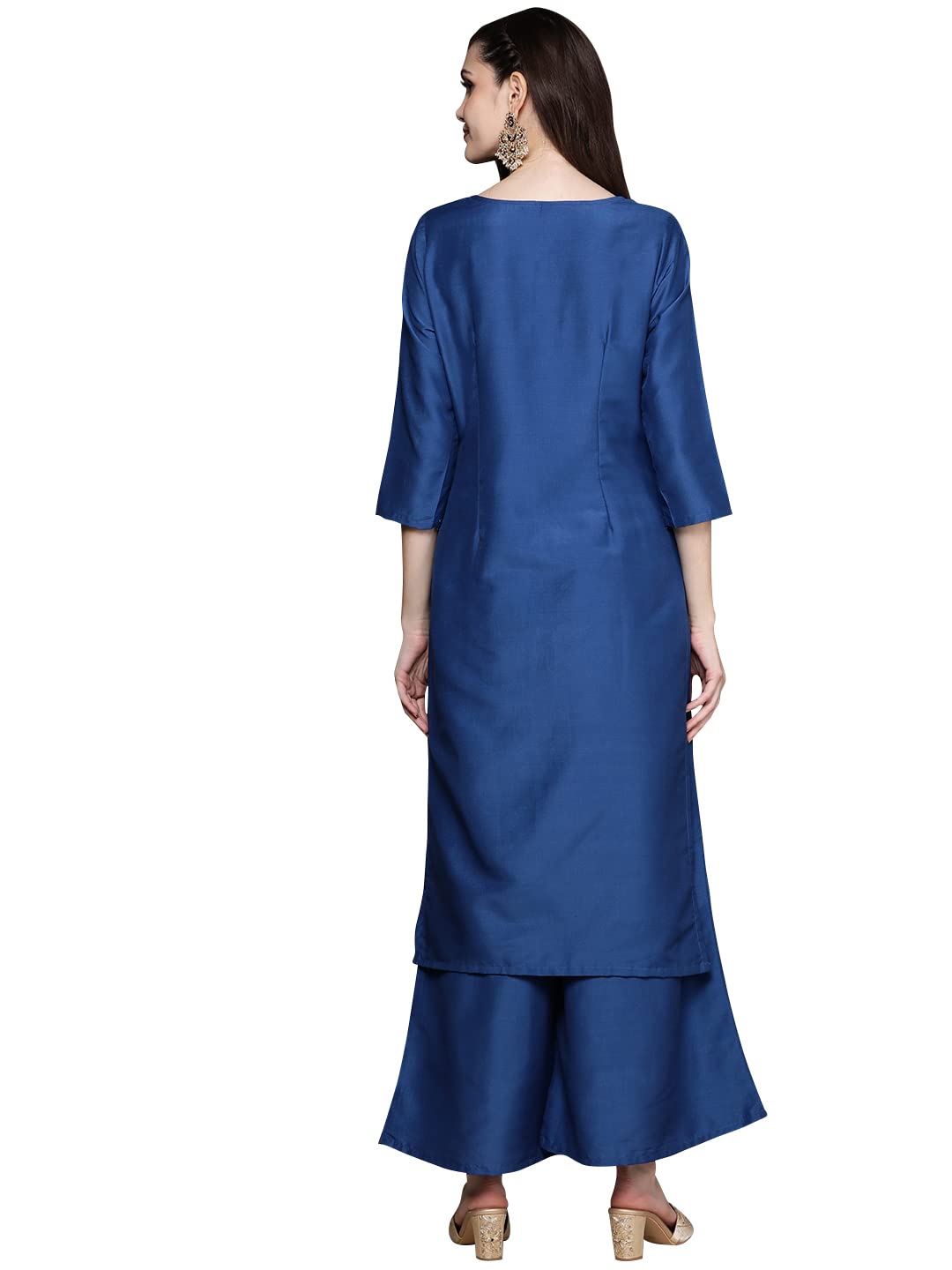 ZIYAA Women's Teal Chinon Straight Kurta And Palazzo Set(ZIKUCH3852ANDPL)