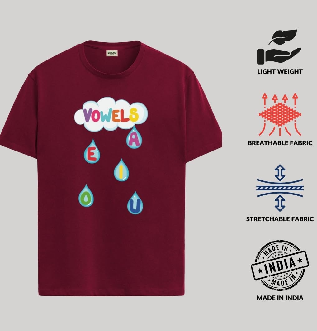 ADRO T Shirts for Boys & Girls || Vowels Learning Printed T-Shirt || Ages 3-14 || 100% Cotton Round Neck Tshirt for Boys & Girls