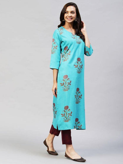 ANNI DESIGNER Women's Cotton Blend Printed Straight Kurta with Pant (Team)