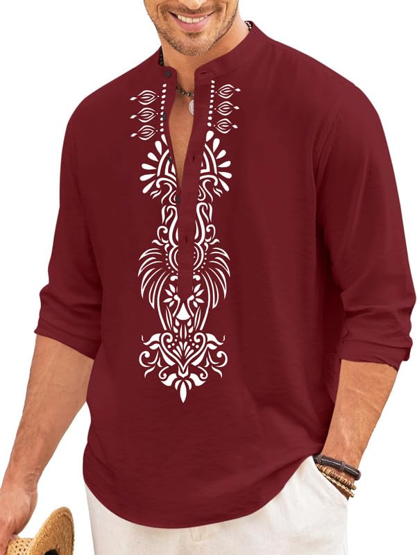 Finivo Fashion MenS Cotton Blend Short Kurta With Bold Printed Front Design | Full Sleeve Ethnic Casual Kurta With Mandarin Coll