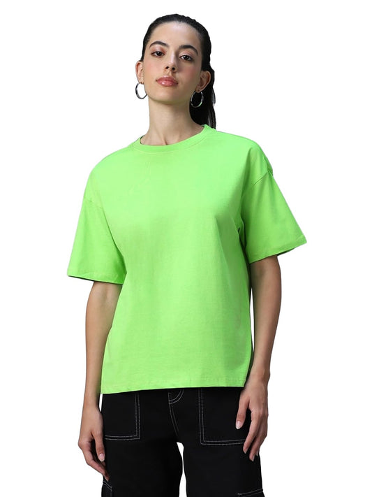 Bewakoof Womens Solid Oversized Half Sleeve Round Neck Cotton T-Shirt_538099_Green_M