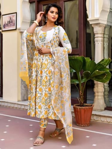 Pinkmint Women Flower Printed Anarkali Kurta & Pat Set With Dupatta