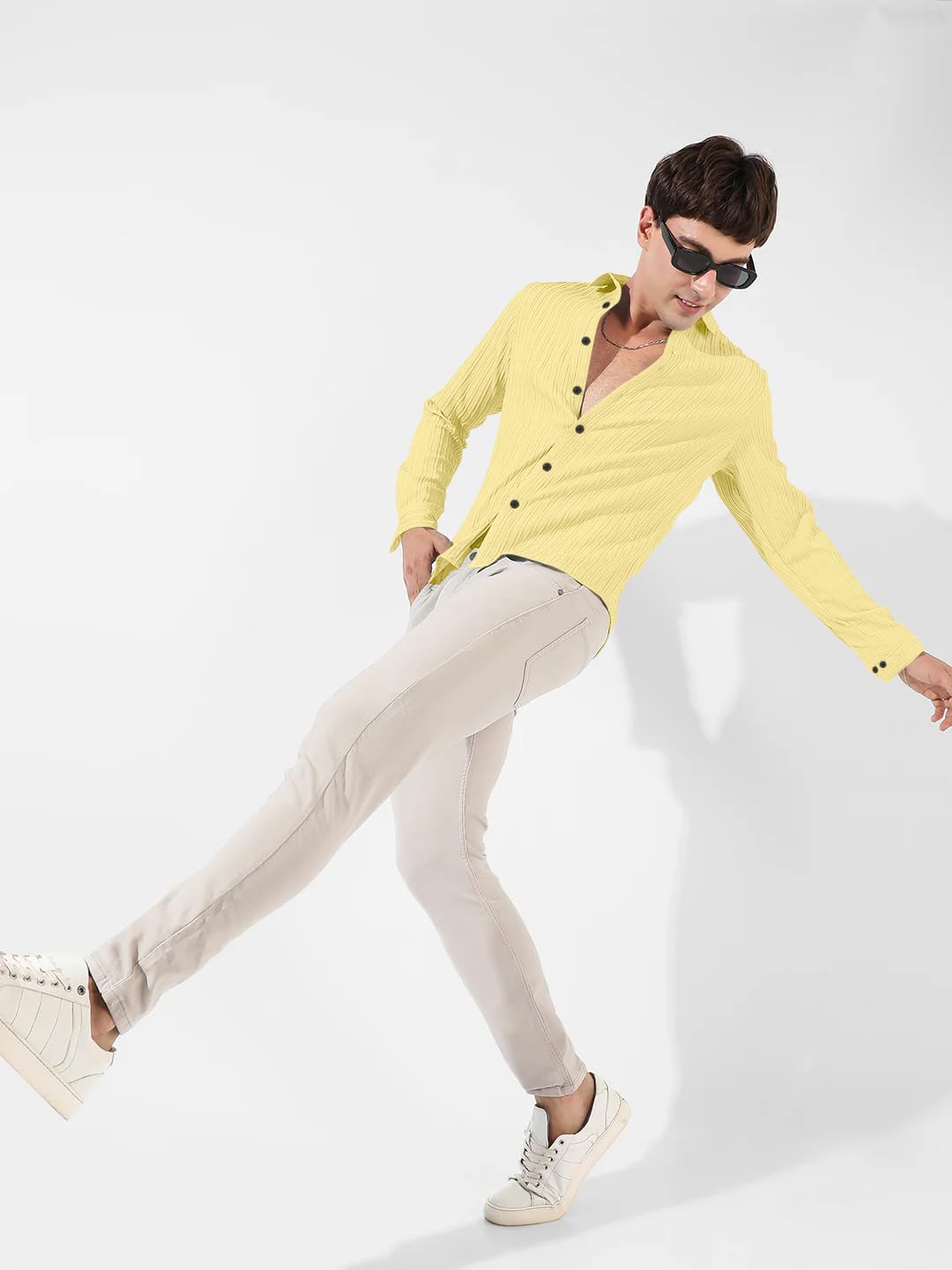 Finivo Fashion MenS Cotton Casual Striped Button Down Shirts Long Sleeve Textured Summer Beach Shirt For Men Yellow