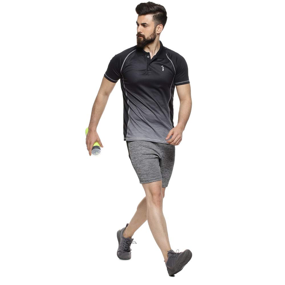 Campus Sutra Mens Black & Grey Ombre Polo Activewear T-Shirt for Casual Wear | Spread Collar | Short Sleeve | Half-Button Closu