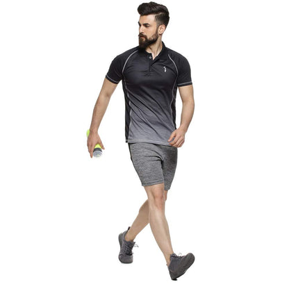 Campus Sutra Mens Black & Grey Ombre Polo Activewear T-Shirt for Casual Wear | Spread Collar | Short Sleeve | Half-Button Closu