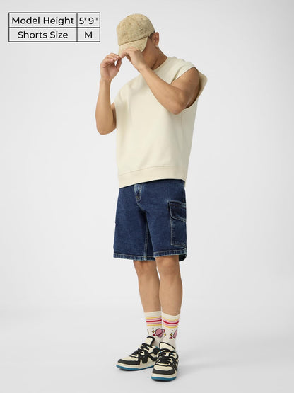 The Souled Store Denim: Ocean Blue Men and Boys Buttoned Solid Knee Length Cotton Blend Denim Shorts