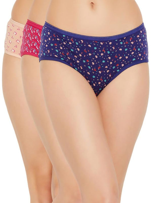 Clovia Pack of 3 Cotton Spandex Medium Waist Outer Elastic Hipster Panty (PNC530120_Multicolor_M)