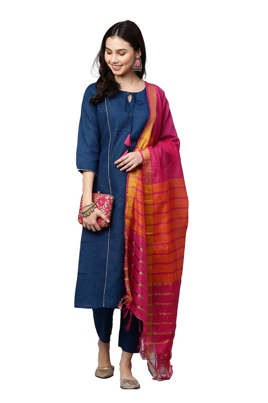 GoSriKi Women's Cotton Straight Kurta with Pant & Dupatta (KARNIVAL-Cerosin-GO__)